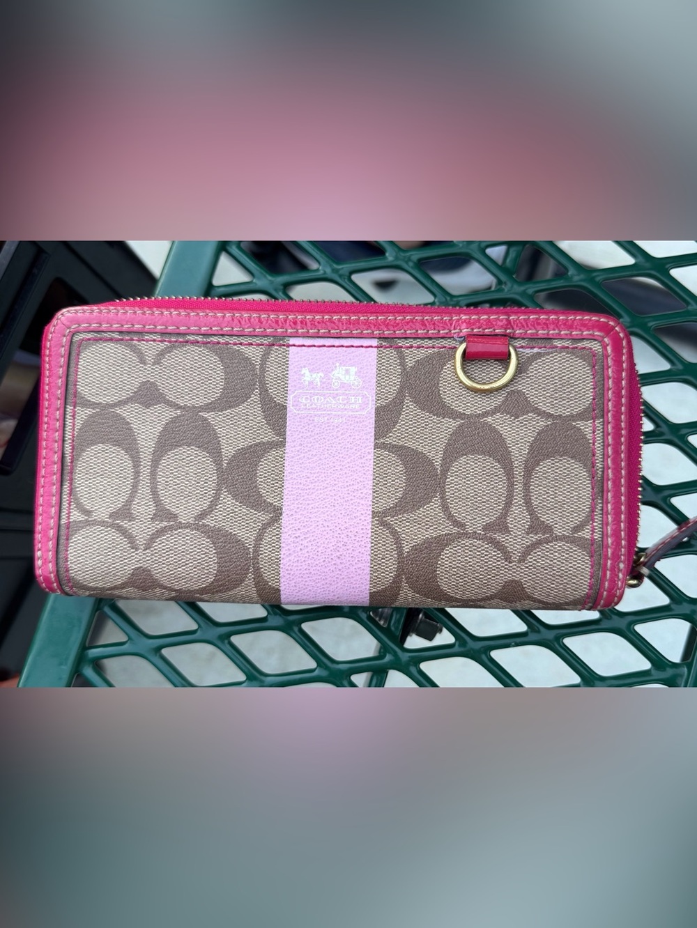 Coach Heritage Signature Canvas Accordion Zip Wallet Khaki with Pink Stripe